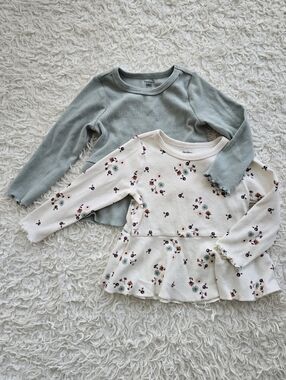 Gerber Sage Green Long Sleeve & Cream Floral Ruffle Top Set